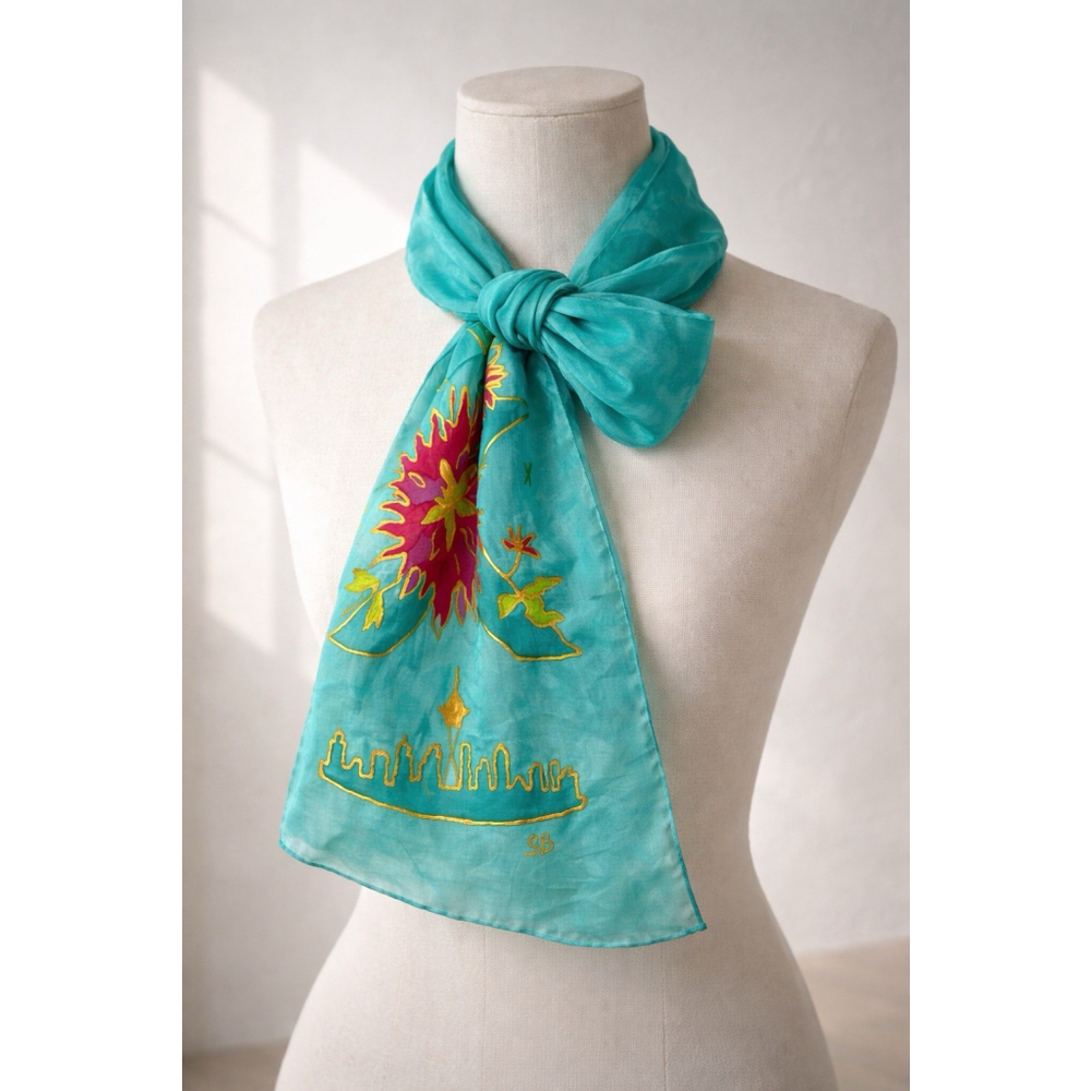 Hand Painted 100% Silk Scarf Turquoise Floral Skyline Art Lightweight